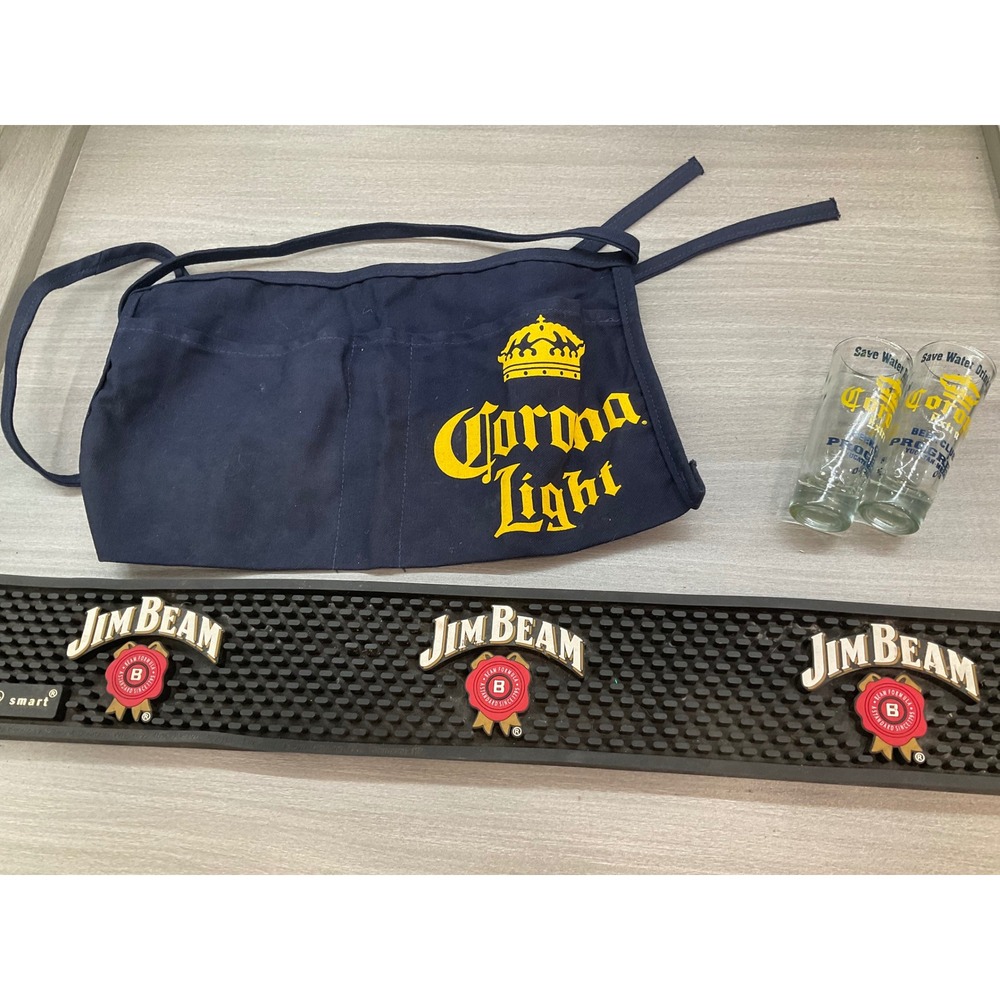 JIM BEAM BLACK BAR RAIL SPILL MAT CORONA APRON AND CORONA VINTAGE SHOT GLASSES